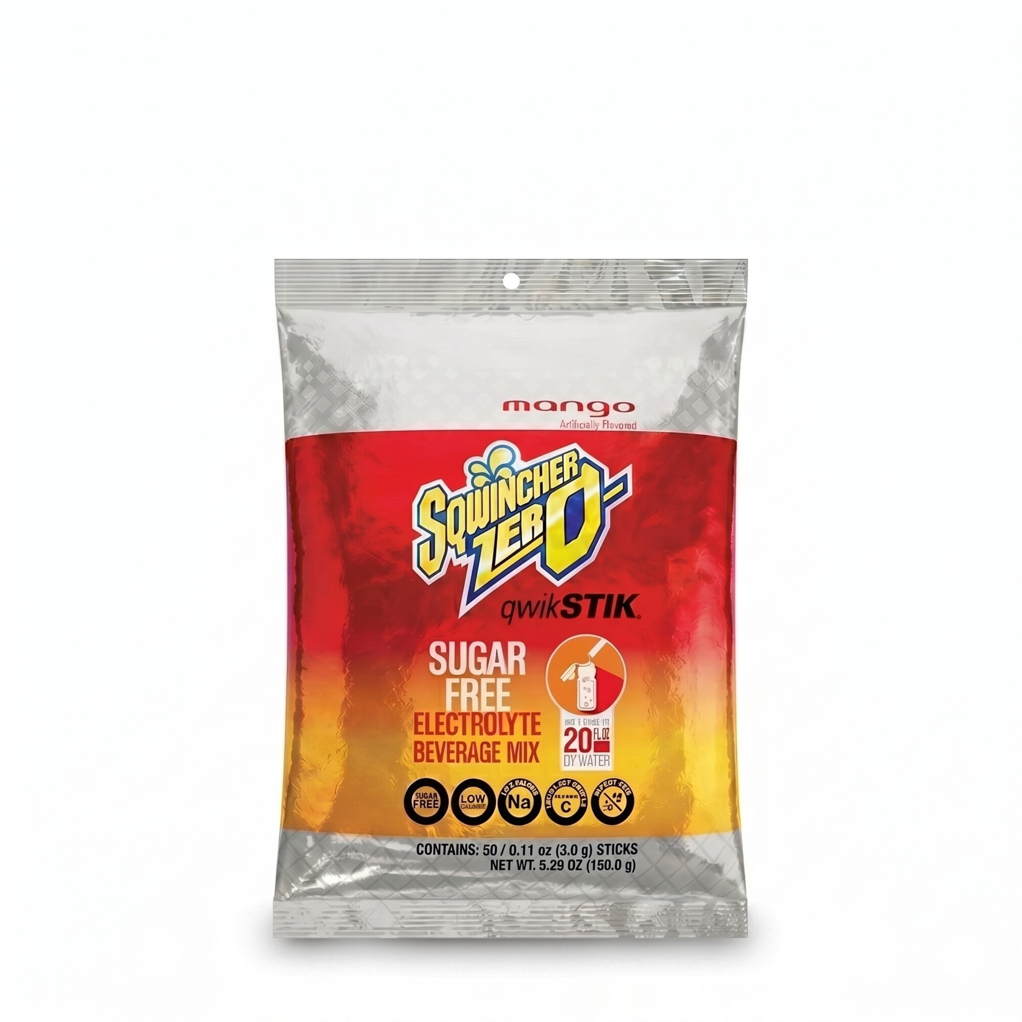 Sqwincher Zero Qwik Stik Sugar Free Electrolyte Powder Packets, Mango, 0.11 oz, Makes 20 oz, 50 Count